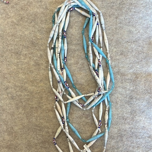 Handmade artisan paper beads made of recycled paper, blue&white. 4 strands - Picture 1 of 5